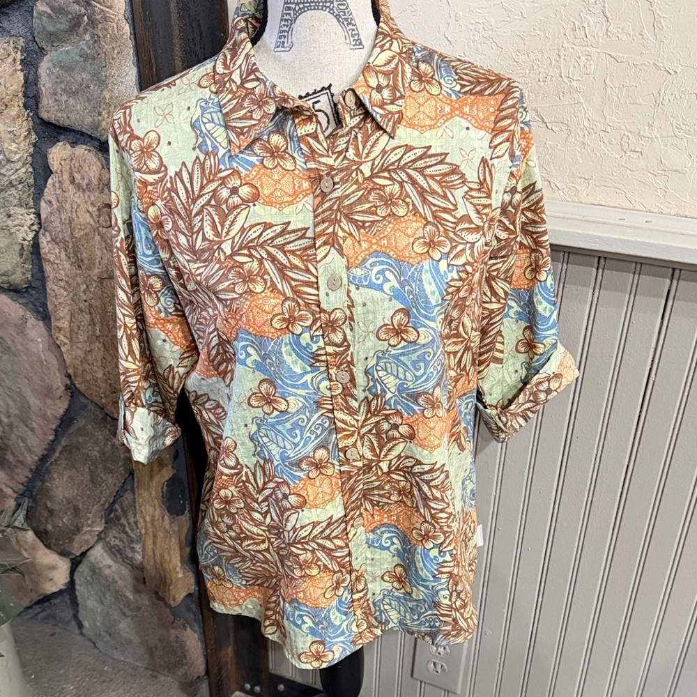 Woolrich Women's Button Down Shirt with Brown, Blue, and Orange Paisley